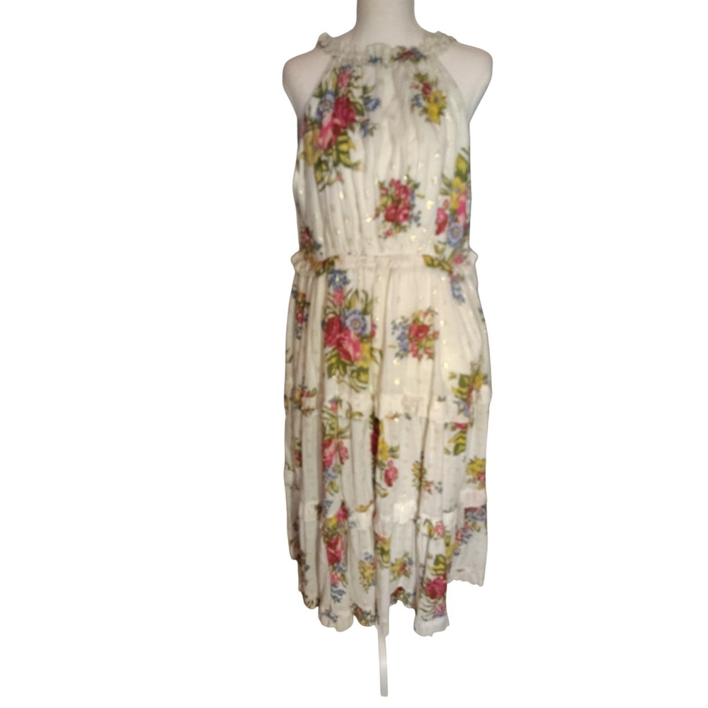 Love The Label Floral Cotton Lurex Tiered Halter Midi Dress White Gold Pink M